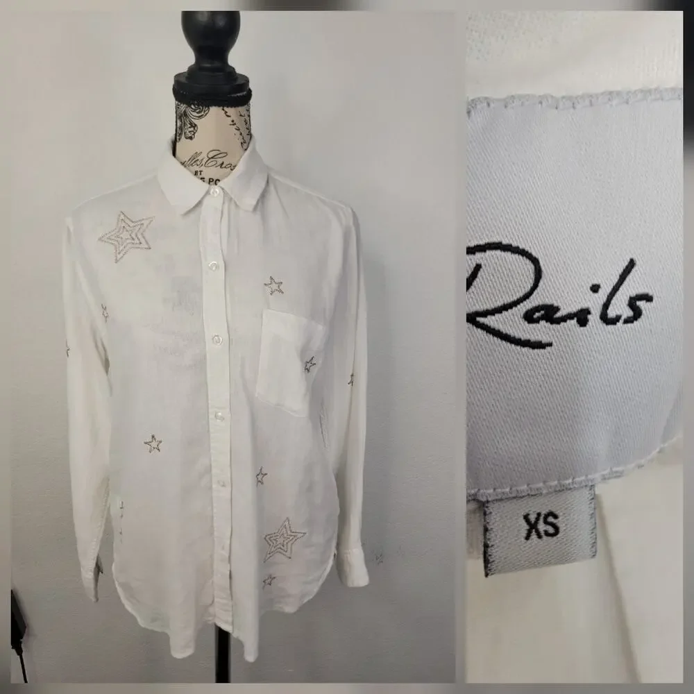 Rails Shirt Womens XS White Charli Metallic Stars Linen coastal summer Celestial